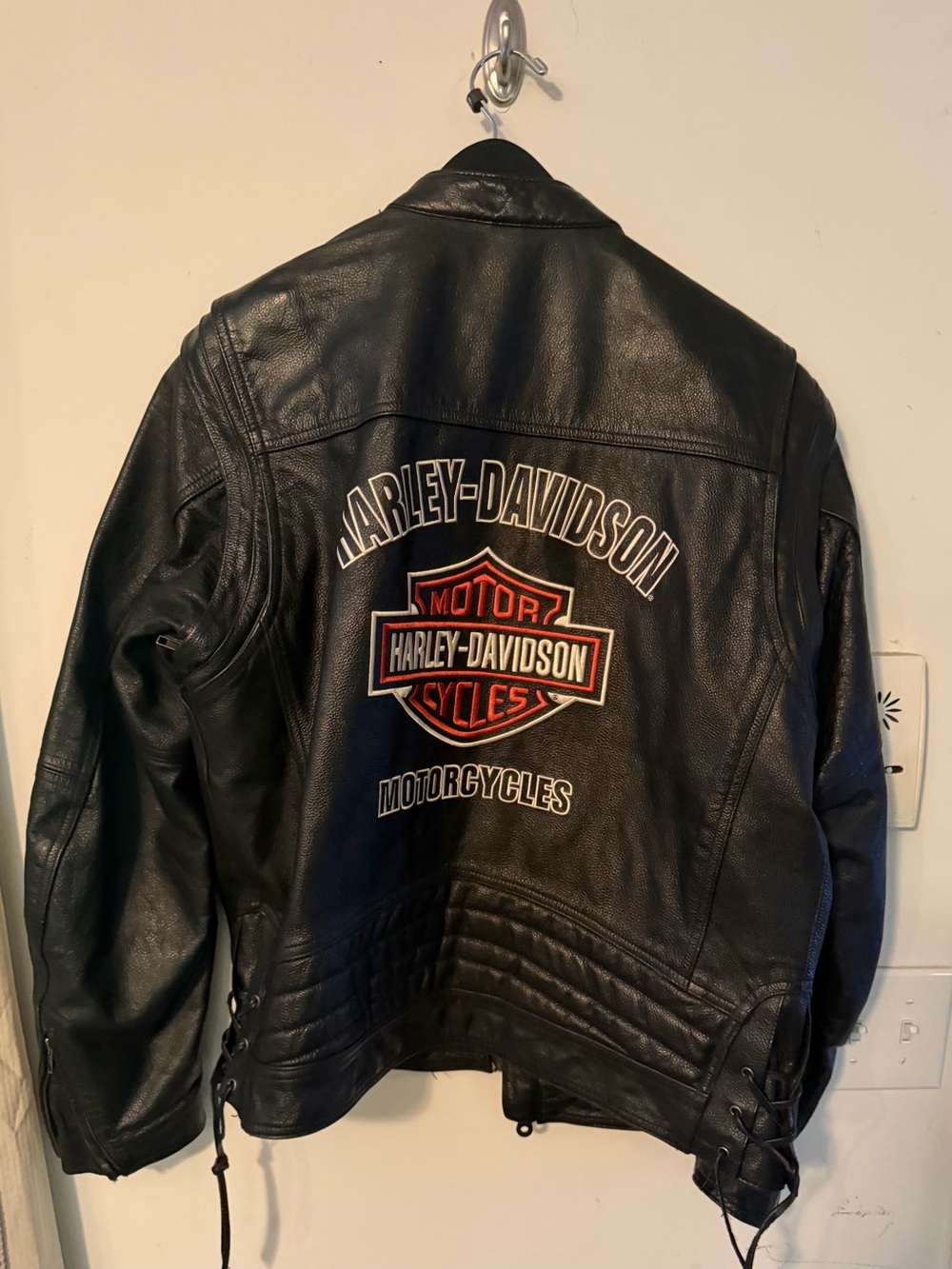 Harley-Davidson Black Leather Jacket with Orange & White Logo